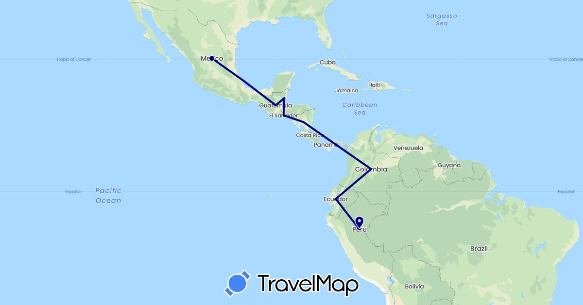 TravelMap itinerary: driving in Belize, Colombia, Ecuador, Guatemala, Mexico, Nicaragua, Peru, El Salvador (North America, South America)