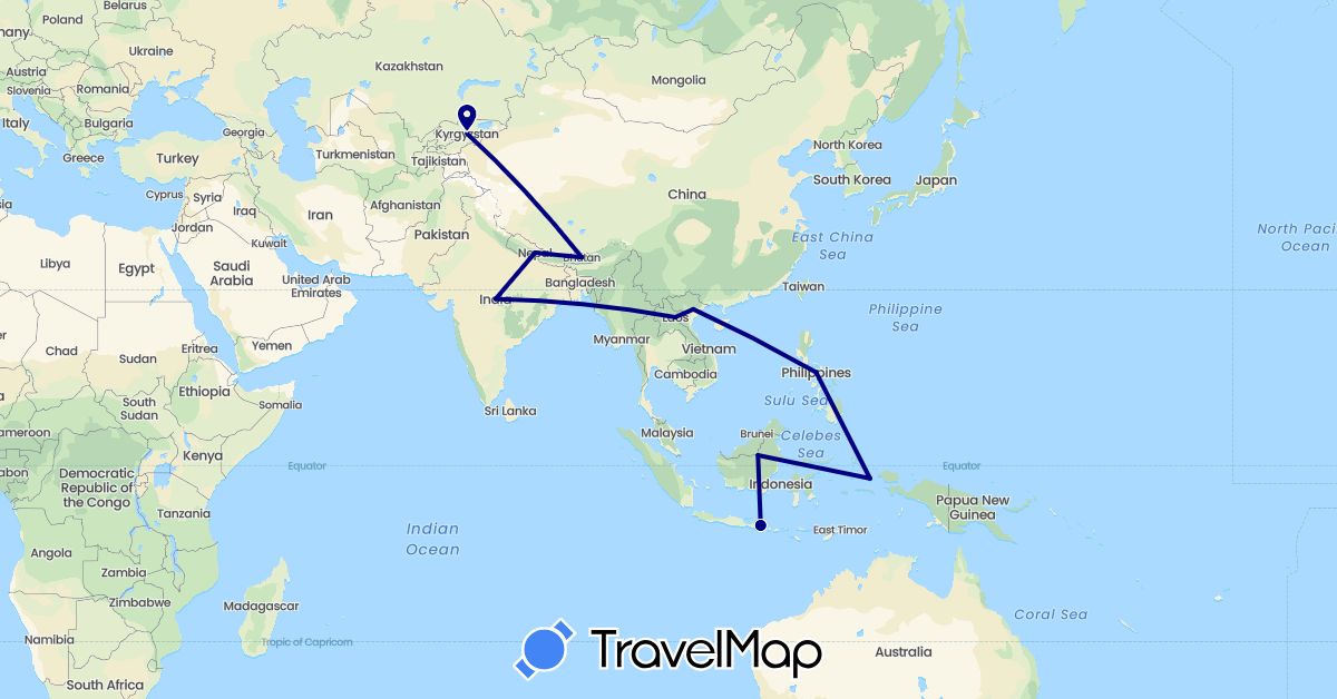 TravelMap itinerary: driving in Bhutan, Indonesia, India, Kyrgyzstan, Laos, Nepal, Philippines, Vietnam (Asia)